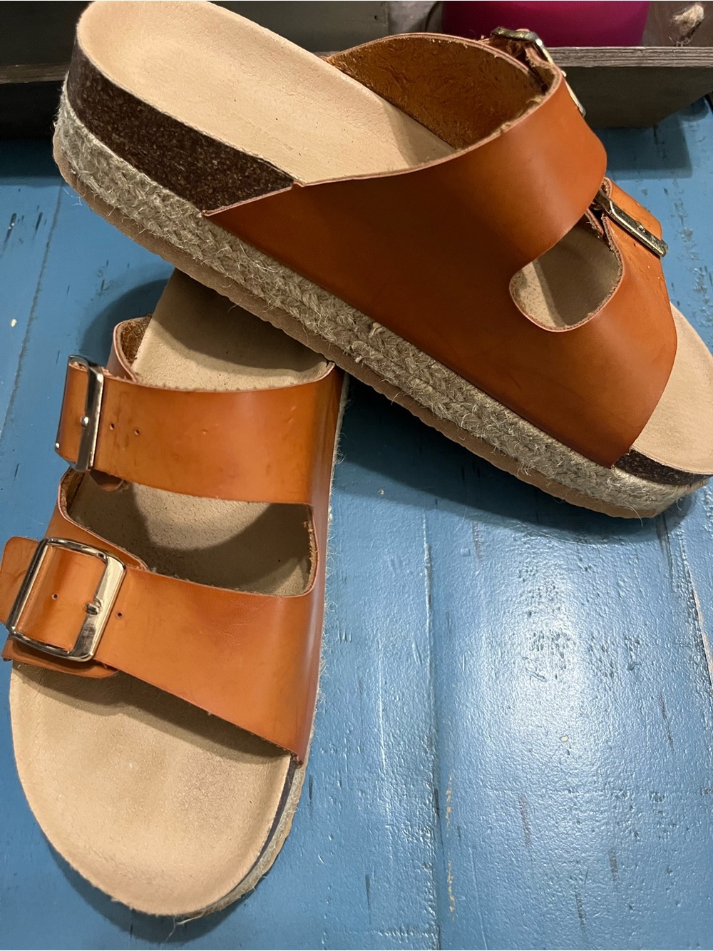 Tan Double-Buckle Slide Sandals
